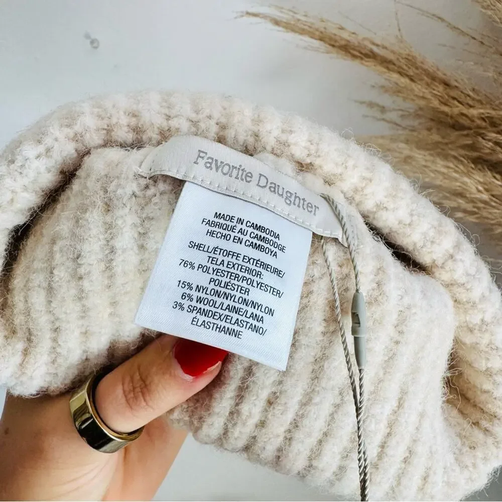 NEW FAVORITE DAUGHTER Cream Beige Tan Logo Ribbed Knit Cuff $78 Beanie Hat Cap